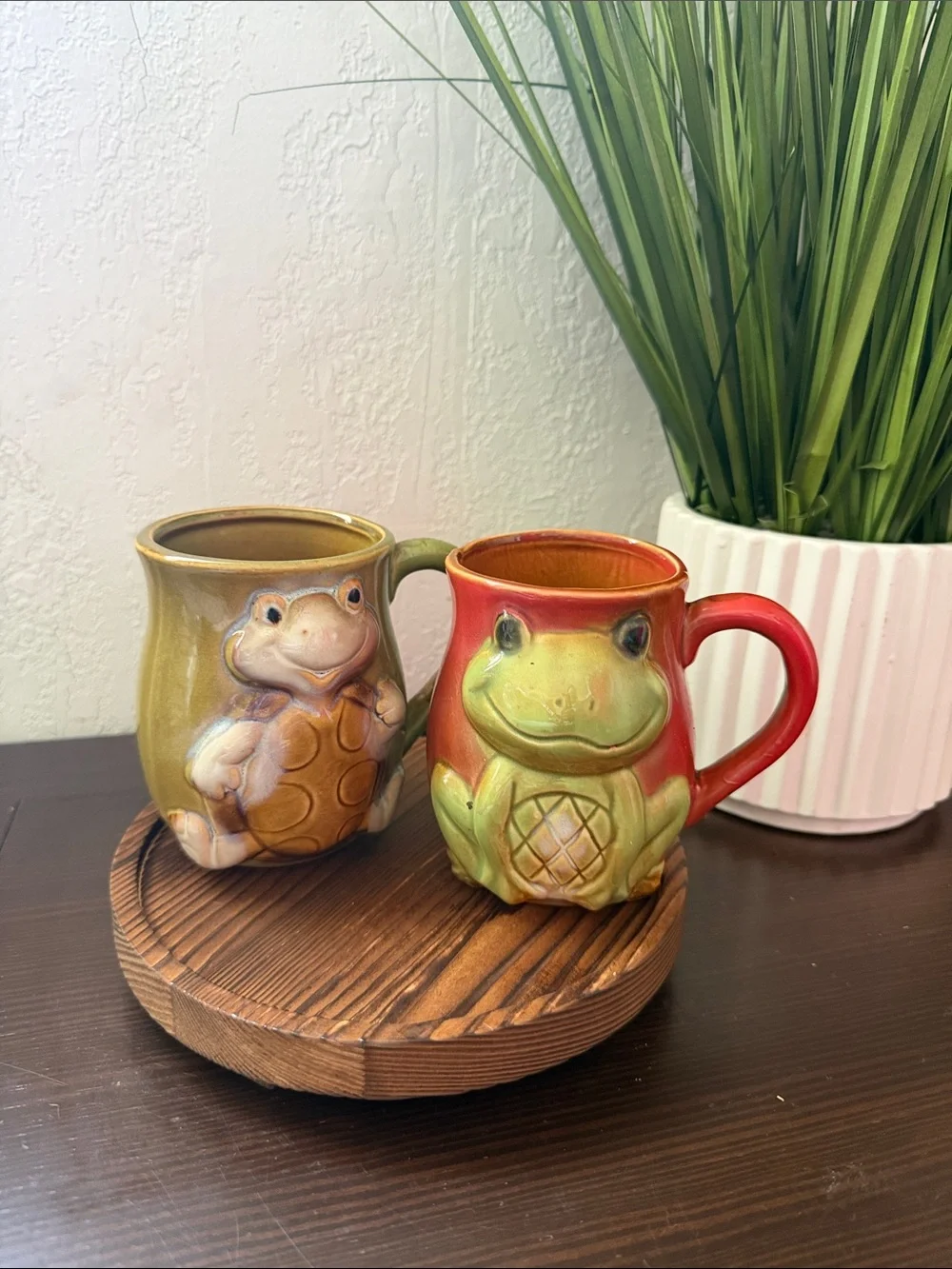 Turtle and Frog Ceramic Vases in Green and Red-Orange